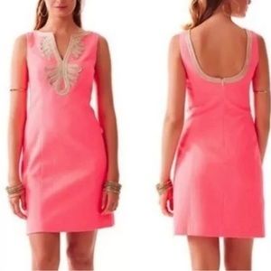 Lilly Pulitzer Junie Coral Reef Neon Pink Embroidered Shift Dress Size 0 Gold